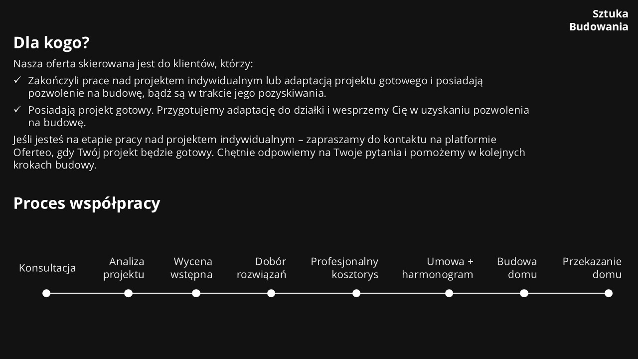 Grafika przedstawiająca proces współpracy z firmą budowlaną, od konsultacji, poprzez analizę projektu, wycenę, dobór rozwiązań, kosztorys, harmonogram, budowę, aż po przekazanie domu.
