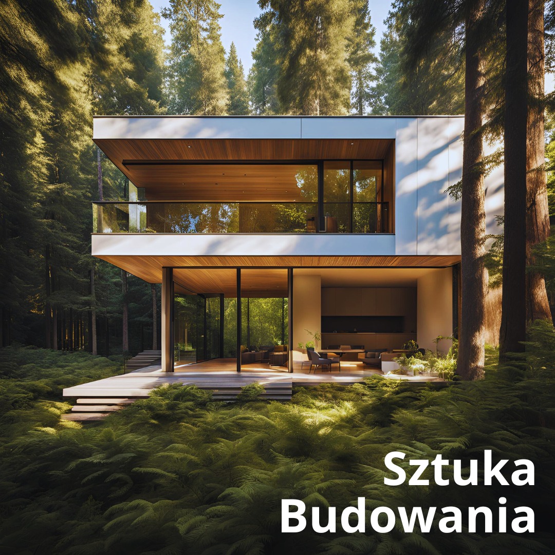 Nowoczesny, dwukondygnacyjny dom z płaskim dachem, przeszklonymi ścianami i drewnianym wykończeniem elewacji, otoczony lasem iglastym i paprociami, widziany z dołu.