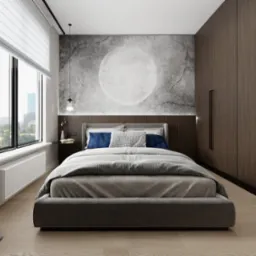 Nowoczesna sypialnia w stylu hotelowym: szare łóżko, betonowa ściana z motywem koła, drewniana zabudowa szafy, okno z widokiem na miasto, designerska lampa.