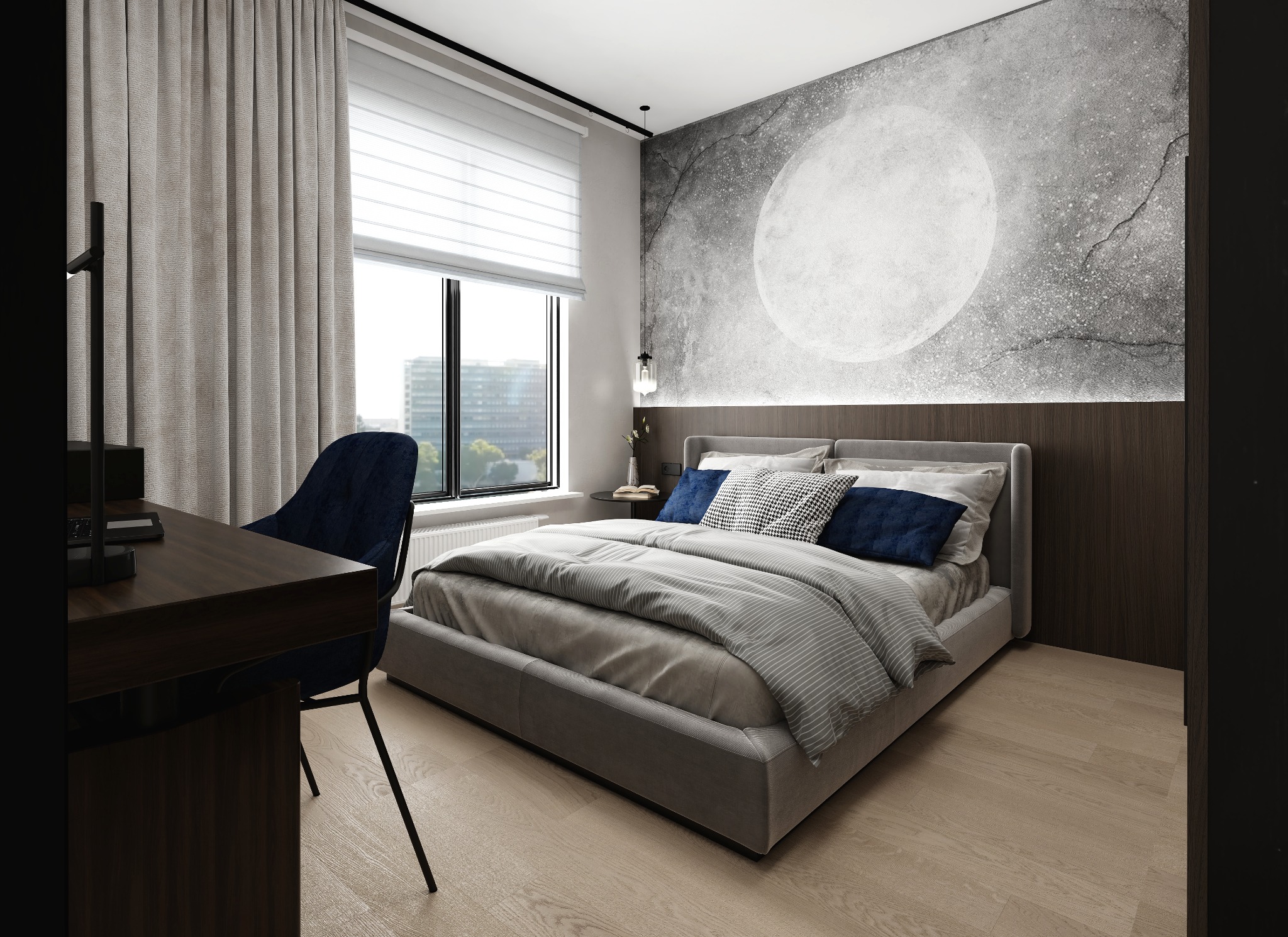 Projekt sypialni we wnętrza mieszkania utrzymana w stylu hotelowym dla młodego mężczyzny.