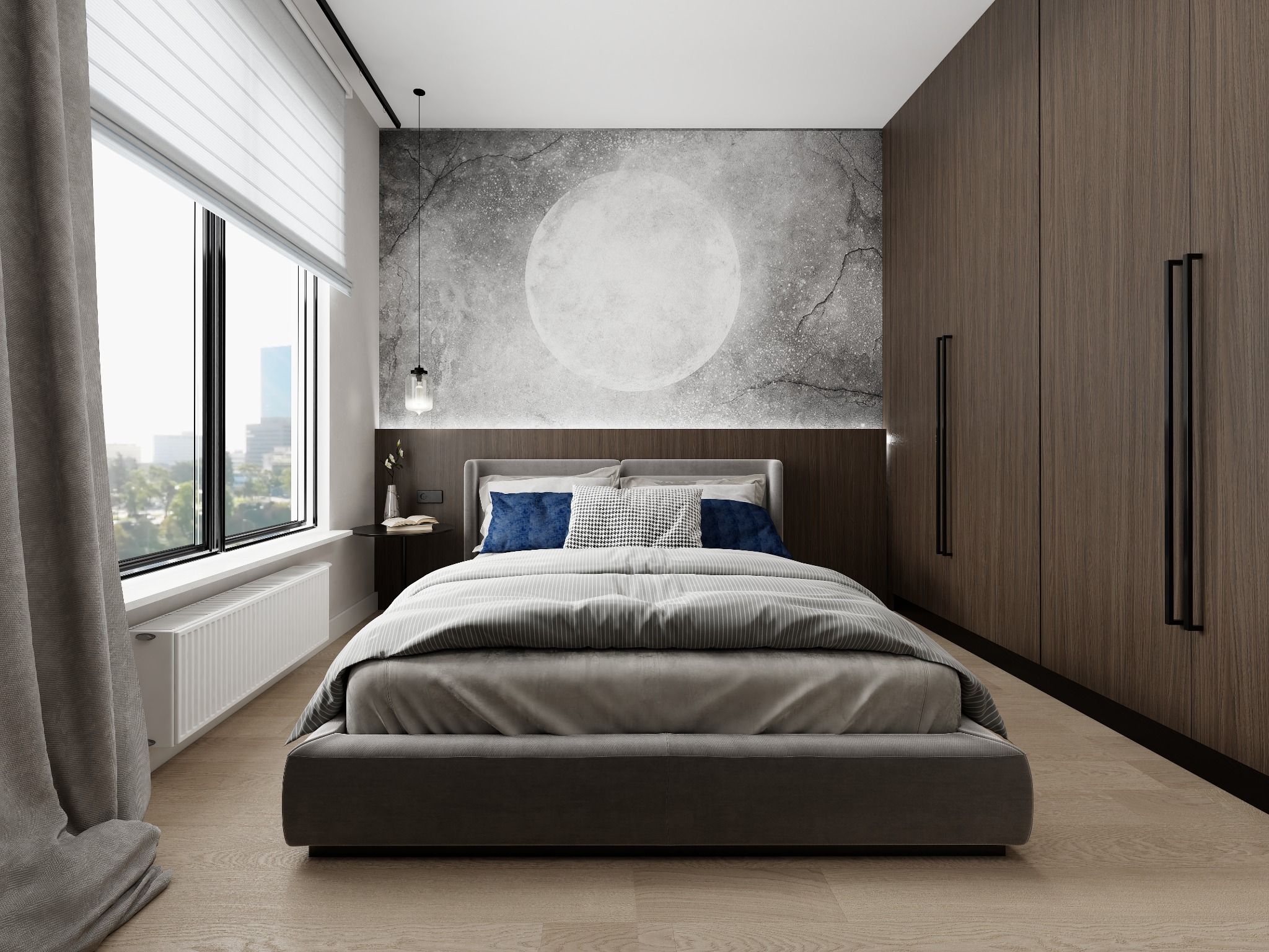 Nowoczesna sypialnia w stylu hotelowym: szare łóżko, betonowa ściana z motywem koła, drewniana zabudowa szafy, okno z widokiem na miasto, designerska lampa.
