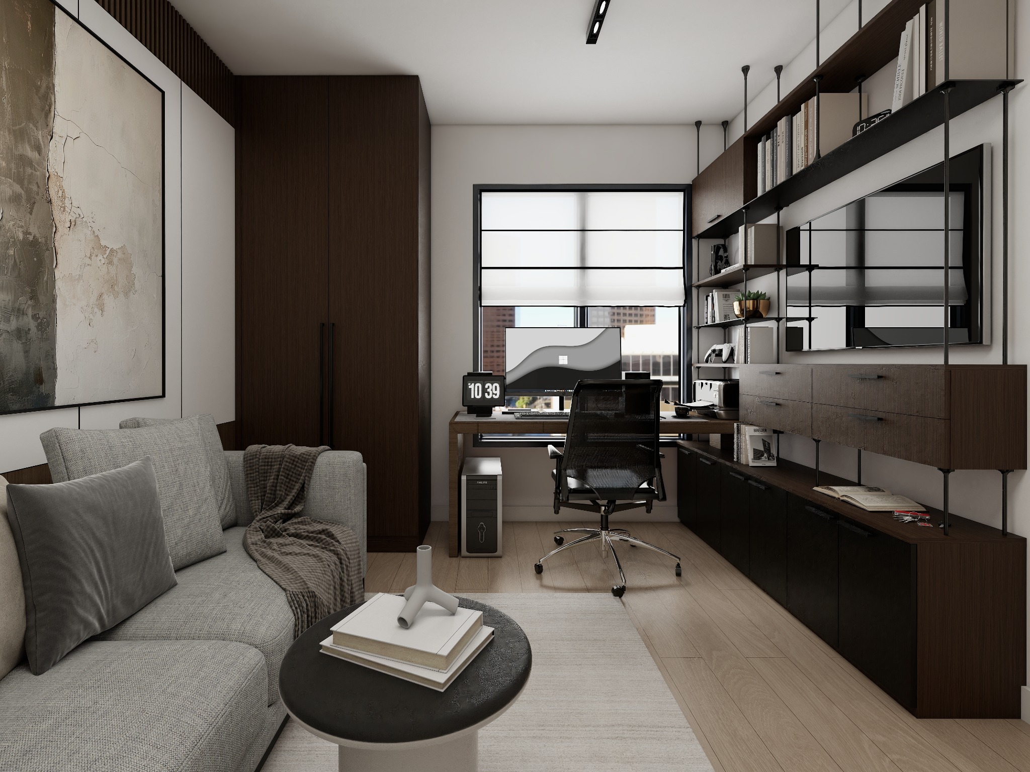 Nowoczesny pokój dzienny z miejscem do pracy: szara sofa, biurko z komputerem, regał na książki. Stonowana kolorystyka, minimalistyczny design, jasne drewno na podłodze.