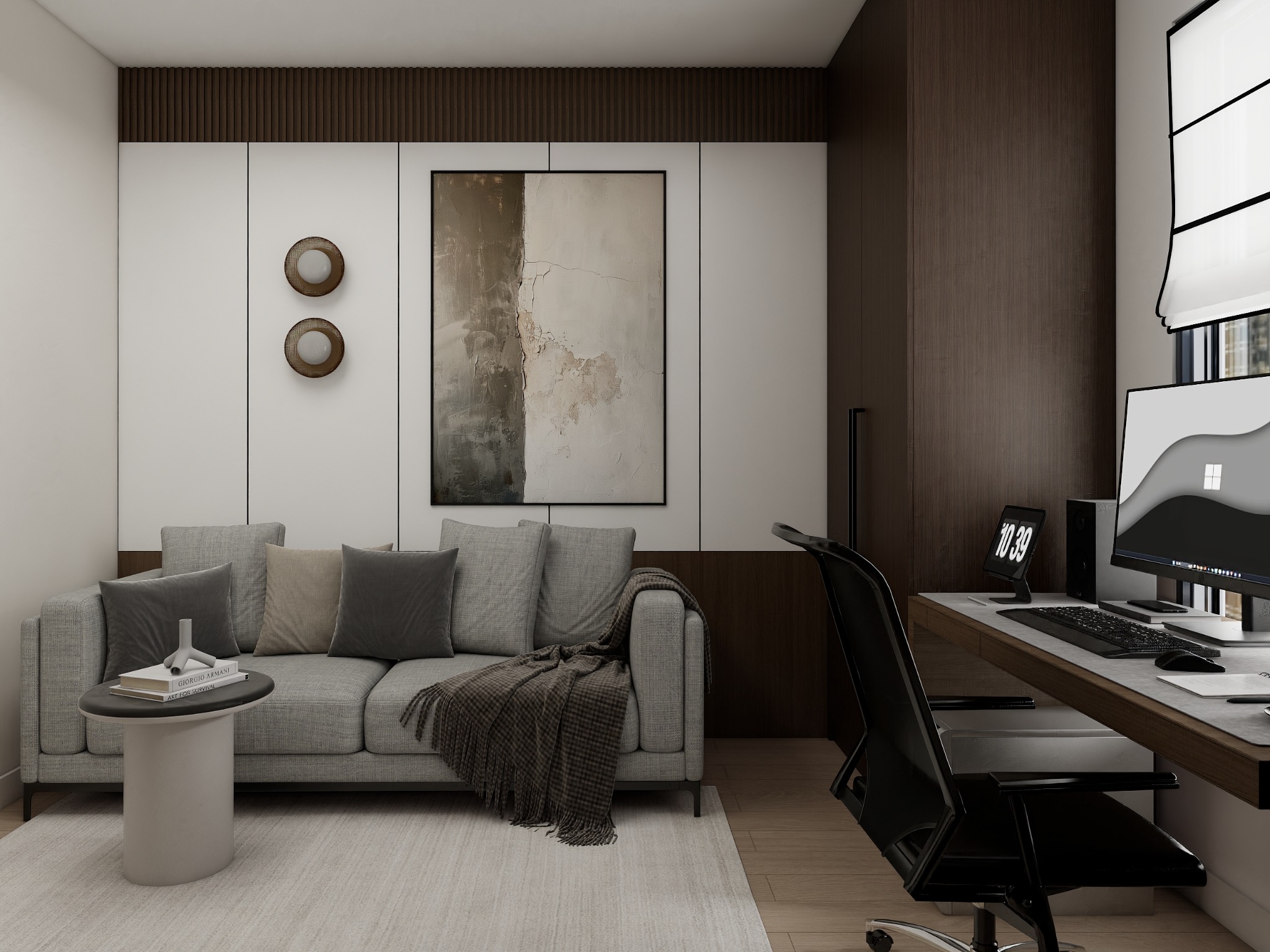 Projekt gabinetu w mieszkaniu zaaranżowanym w hotelowym stylu.