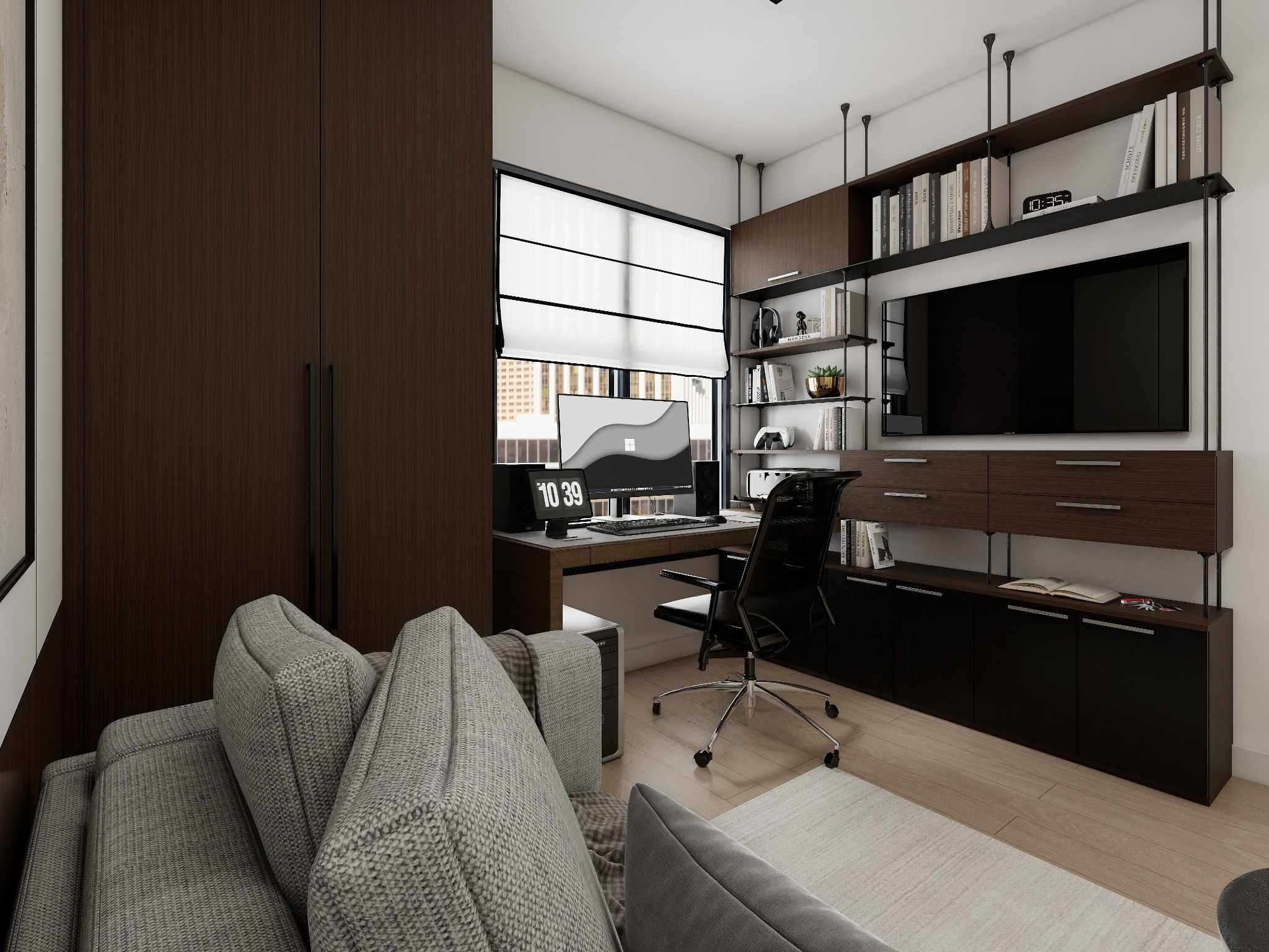 Nowoczesny gabinet w mieszkaniu: biurko z komputerem, krzesło obrotowe, regał z książkami i TV, sofa w odcieniach szarości. Stonowana kolorystyka, minimalistyczny design.