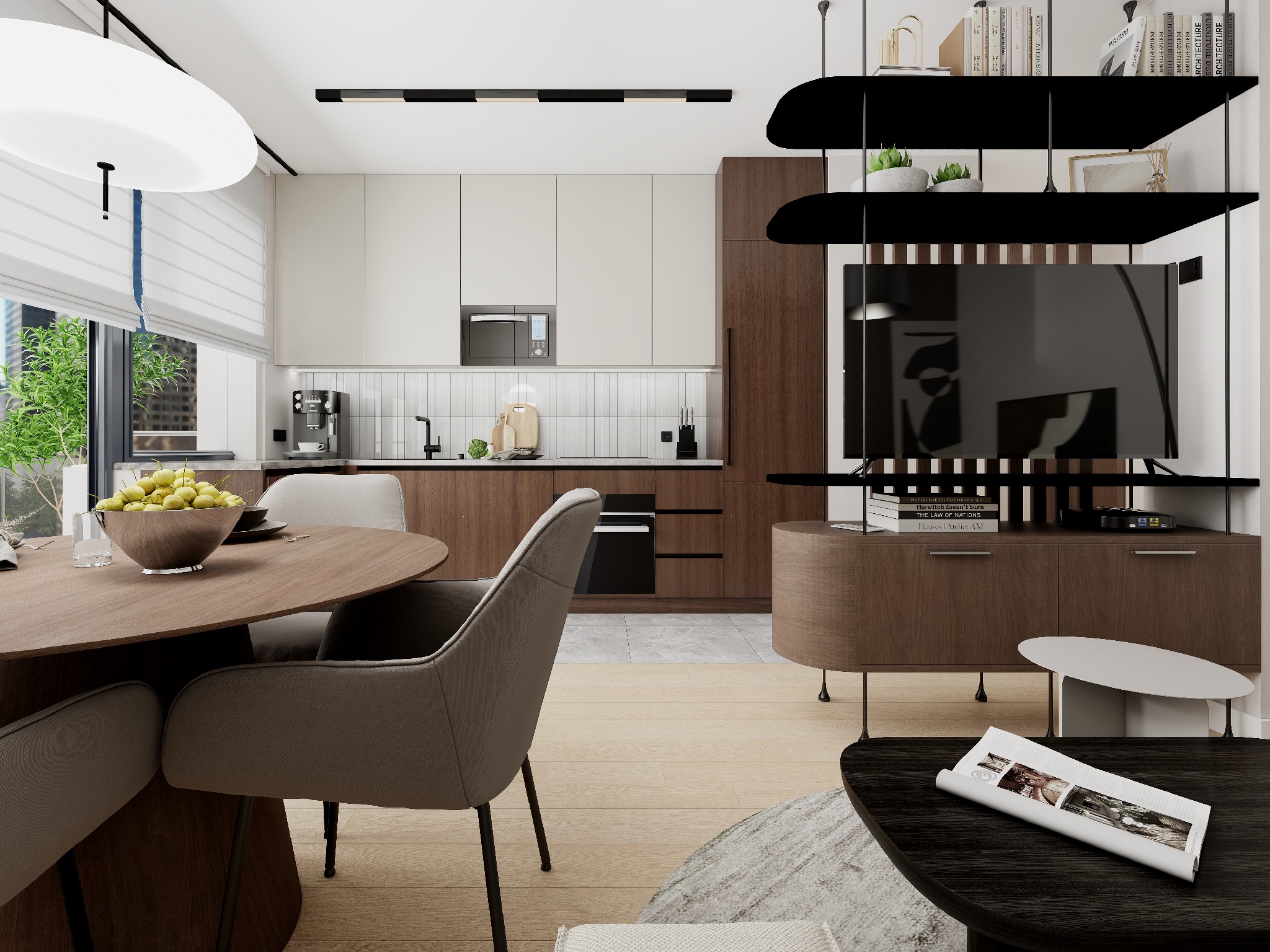 Nowoczesne wnętrze: jasna kuchnia z drewnianymi akcentami, okrągły stół z owocami, minimalistyczny regał z TV i książkami. Stonowana kolorystyka, naturalne światło.