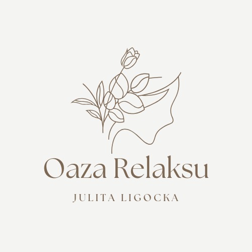 Eleganckie logo: minimalistyczny rysunek kwiatu i profilu twarzy nad napisem 'Oaza Relaksu Julita Ligocka' w odcieniach beżu.