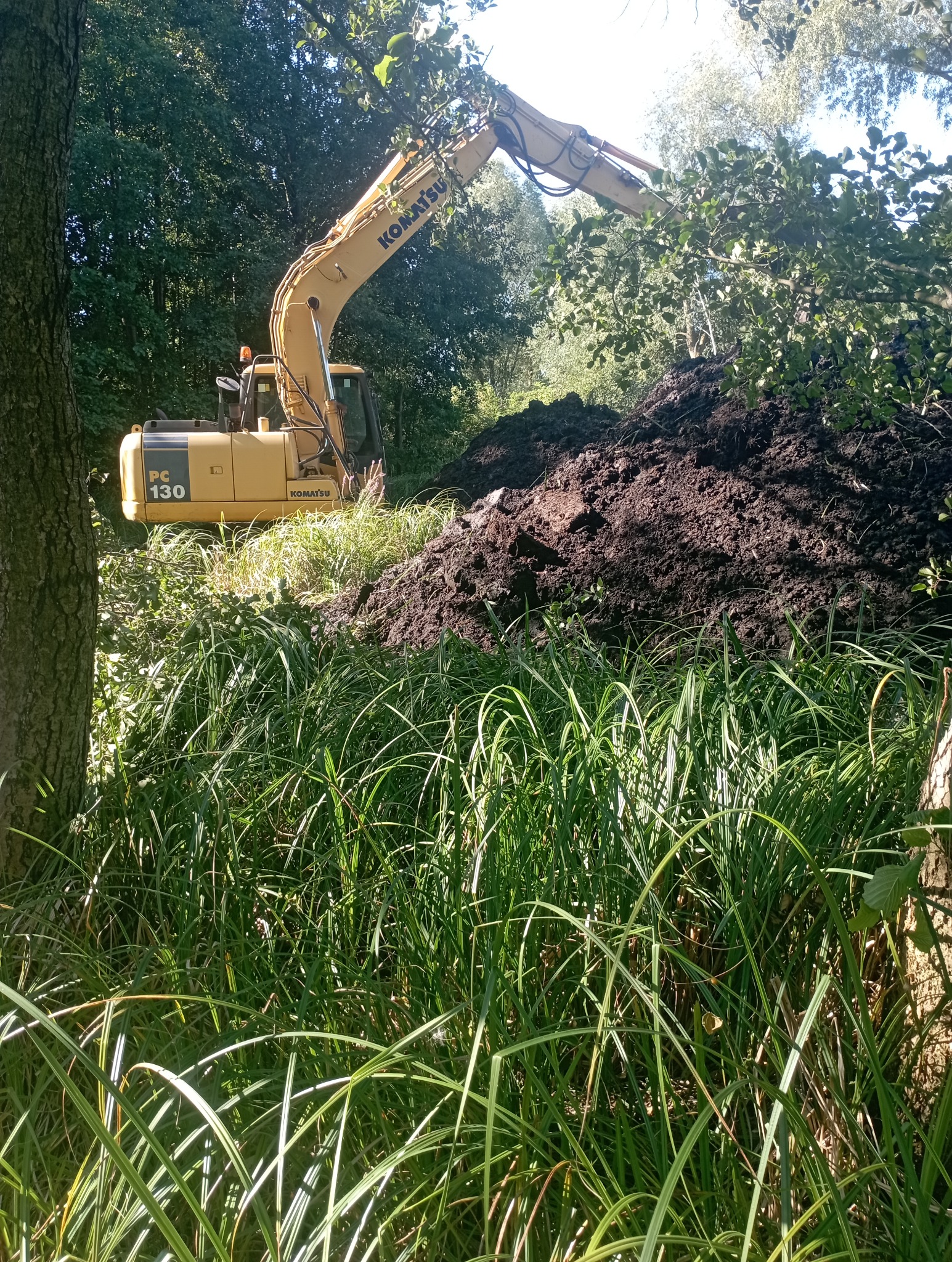 Żółta koparka Komatsu PC130 na tle drzew, z wykopaną ziemią na pierwszym planie, widok z poziomu gruntu przez wysoką trawę.
