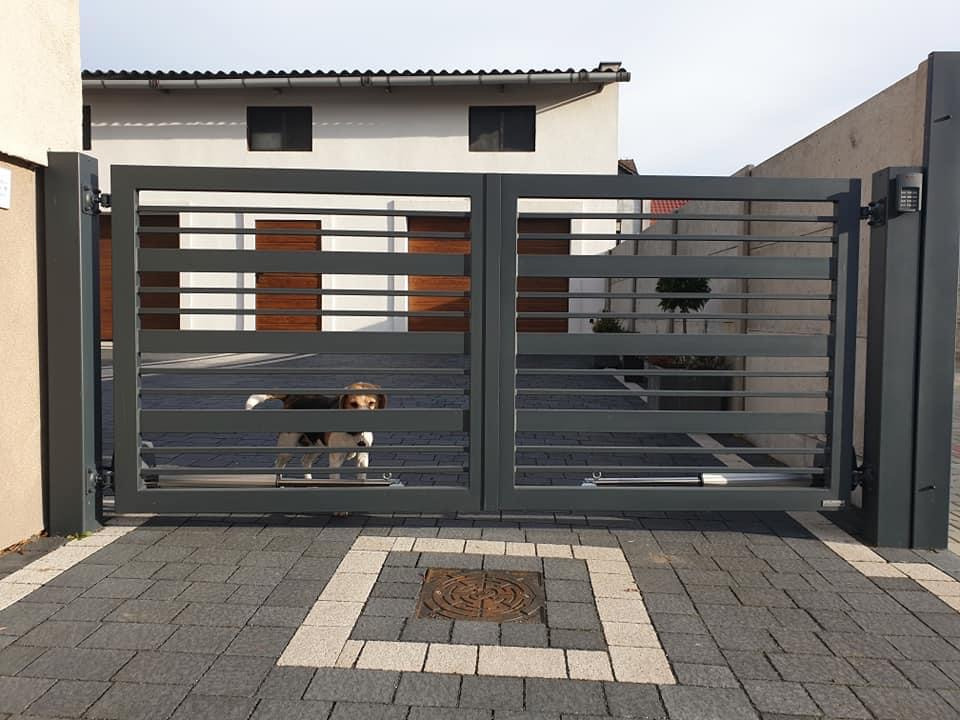 Nowoczesna, grafitowa brama posesyjna z poziomymi szczeblami, z widocznym panelem sterowania i psem rasy Beagle spoglądającym przez szpary, na tle domu z drewnianymi roletami.