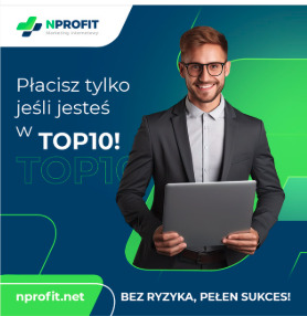 Uśmiechnięty mężczyzna w garniturze i okularach trzymający laptopa na tle grafiki z hasłem 'Płacisz tylko jeśli jesteś w TOP10!' i logo NPROFIT.