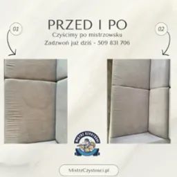 Zdjęcie 'przed i po' przedstawia fragment jasnej kanapy. Po lewej widoczna plama, po prawej czysta powierzchnia. U góry napis 'Czyścimy po mistrzowsku'.