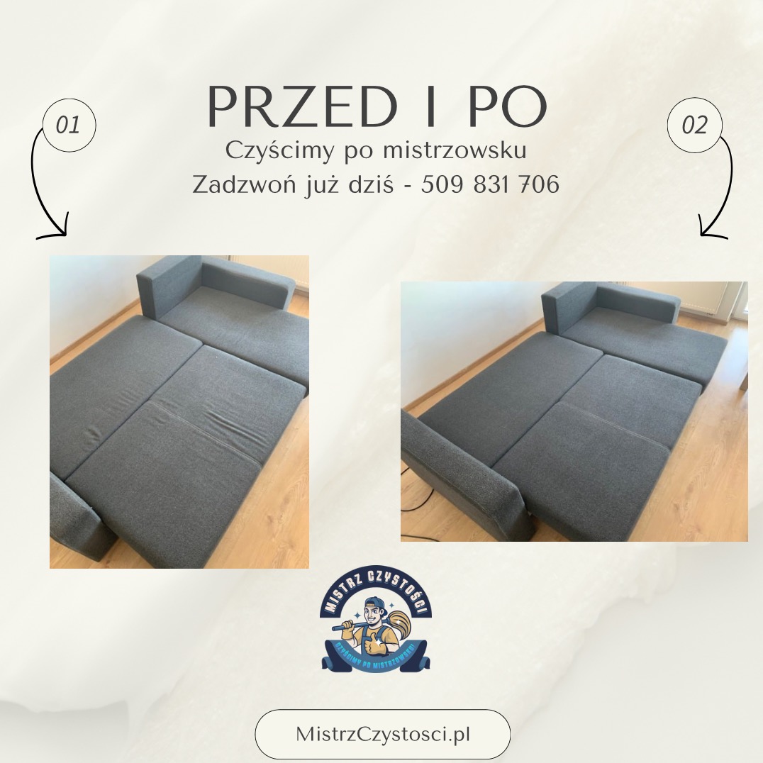 Kanapa narożna przed i po czyszczeniu, widoczne różnice w odcieniu i plamach. Ujęcie z góry, jasne tło. Logo firmy czyszczącej w dolnej części zdjęcia.