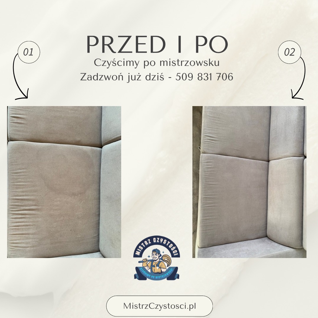 Zdjęcie 'przed i po' przedstawia fragment jasnej kanapy. Po lewej widoczna plama, po prawej czysta powierzchnia. U góry napis 'Czyścimy po mistrzowsku'.
