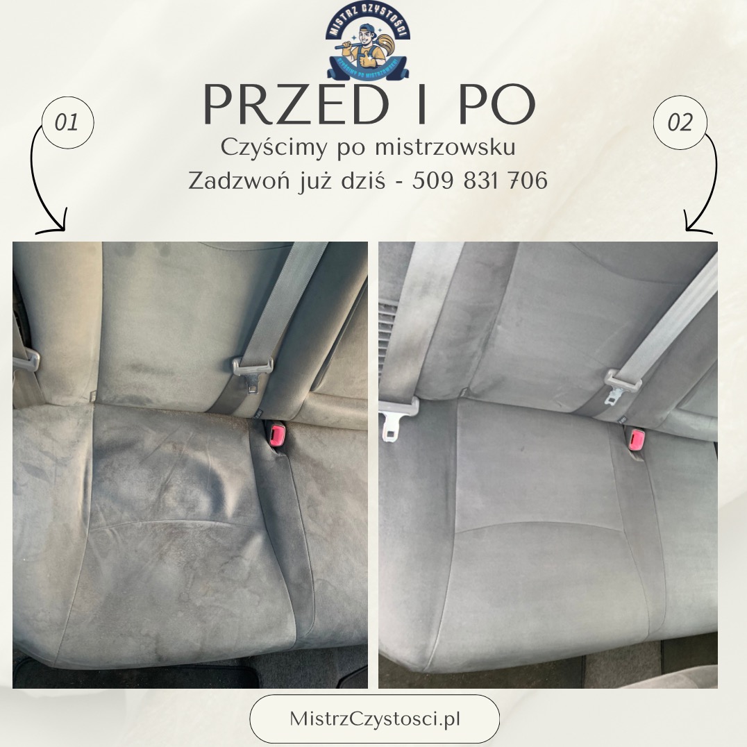 Tapicerka samochodowa po praniu: widoczna różnica między zabrudzoną (po lewej) a czystą (po prawej) częścią kanapy. Ujęcie typu 'przed i po' z logo firmy.