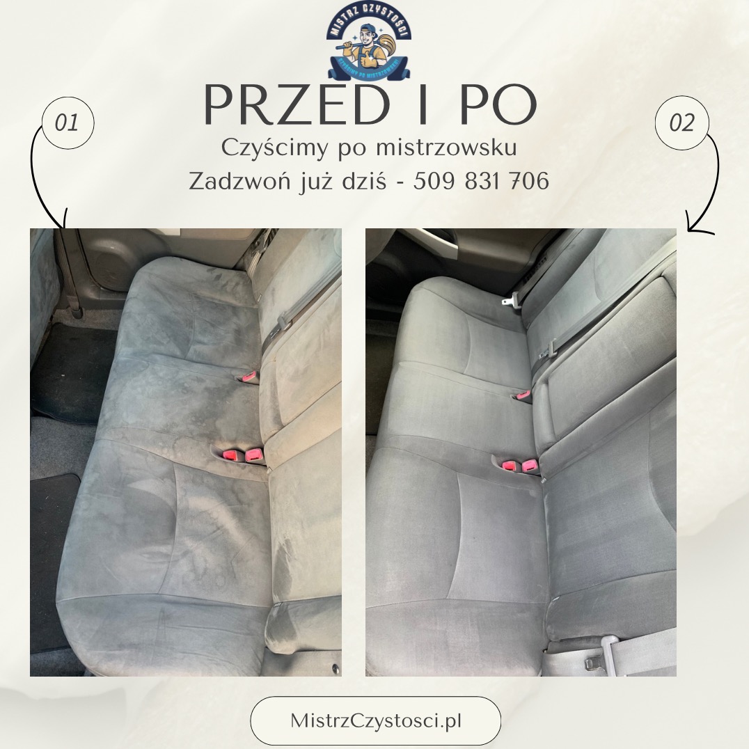 Tapicerka samochodowa przed i po czyszczeniu. Po lewej brudna, po prawej czysta. Widoczne pasy bezpieczeństwa. Ujęcie z wnętrza pojazdu.