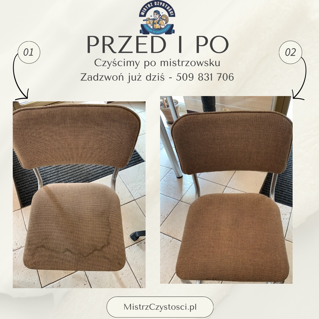 Krzesło tapicerowane przed i po czyszczeniu. Po lewej widoczne zabrudzenia, po prawej krzesło po praniu, bez plam. Ujęcie z tyłu, na jasnym tle.