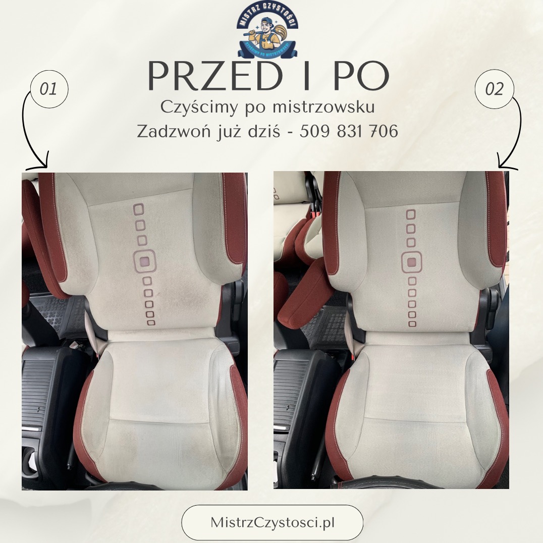 Tapicerka fotela samochodowego przed i po czyszczeniu. Po lewej widoczne zabrudzenia, po prawej czysty fotel. Ujęcie z góry, wnętrze pojazdu.