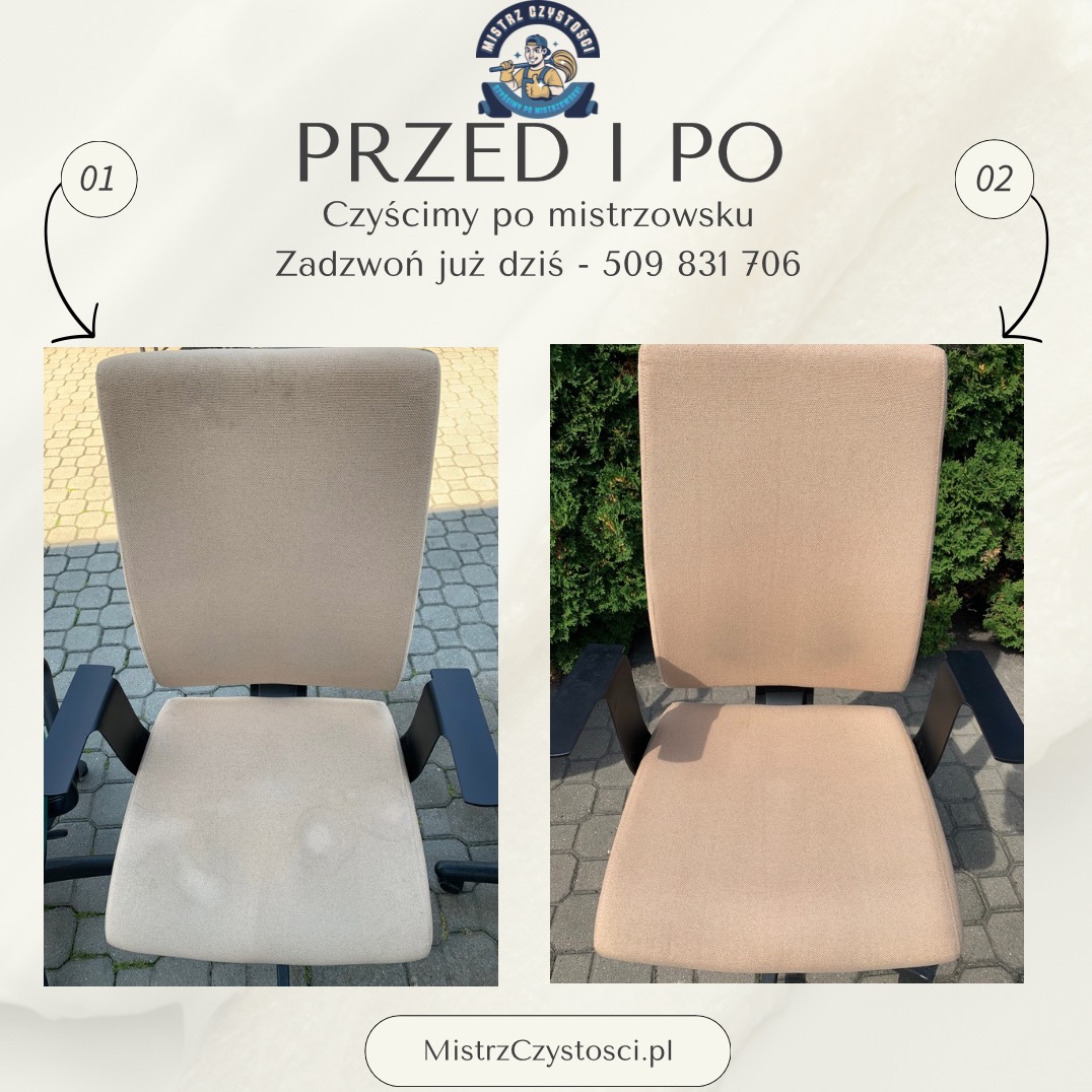 Krzesło biurowe tapicerowane beżową tkaniną, ujęcie typu 'przed i po' prezentujące efekt czyszczenia. Po lewej widoczne plamy, po prawej czysta tapicerka.