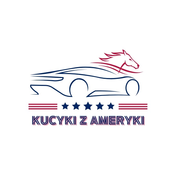 Logo firmy 'Kucyki z Ameryki' z sylwetką auta i głową konia. Stylizowany napis, gwiazdy i paski w kolorach flagi USA. Identyfikacja wizualna firmy.