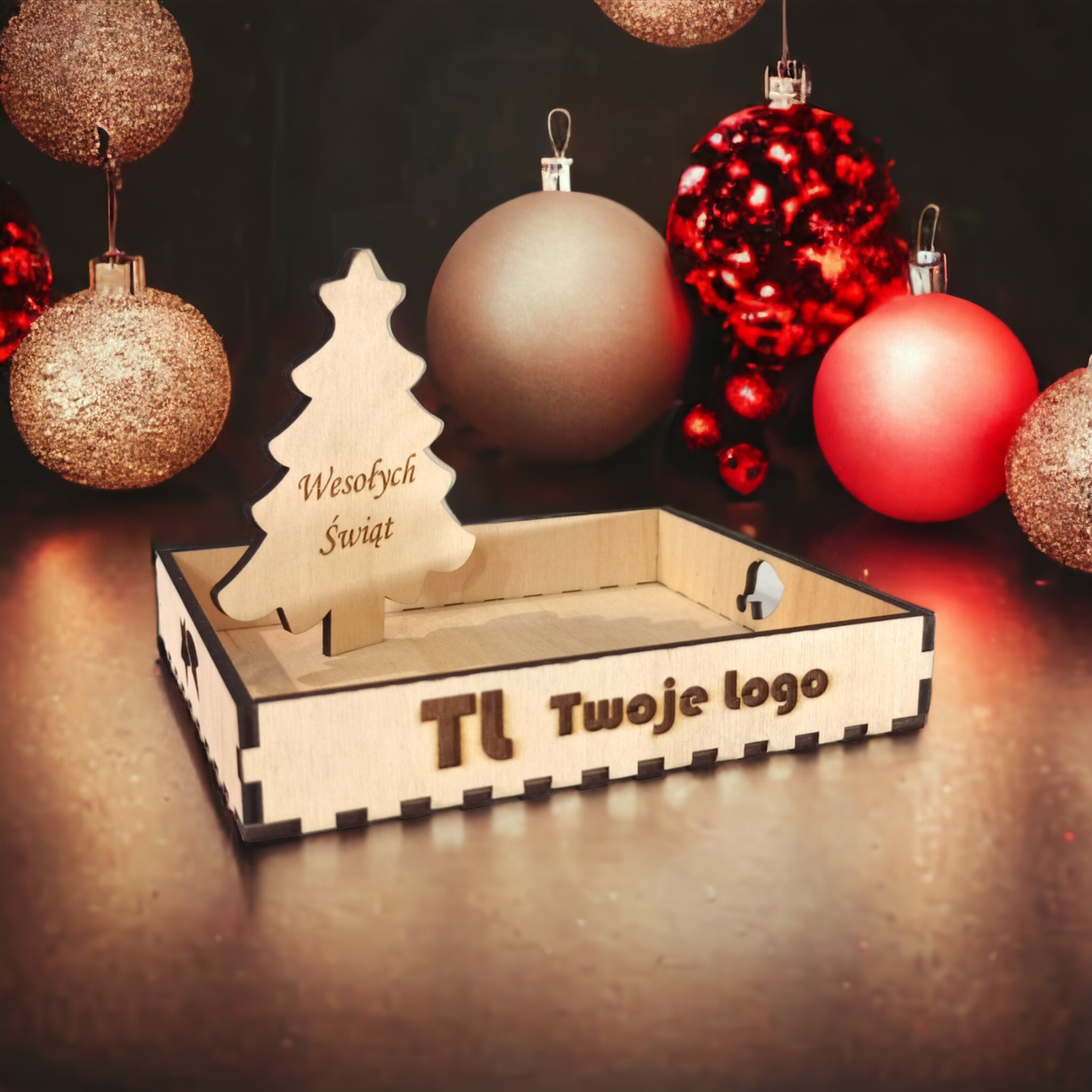 Drewniane pudełko z wygrawerowanym napisem 'Twoje Logo' i choinką 'Wesołych Świąt', otoczone świątecznymi bombkami na ciemnym tle.