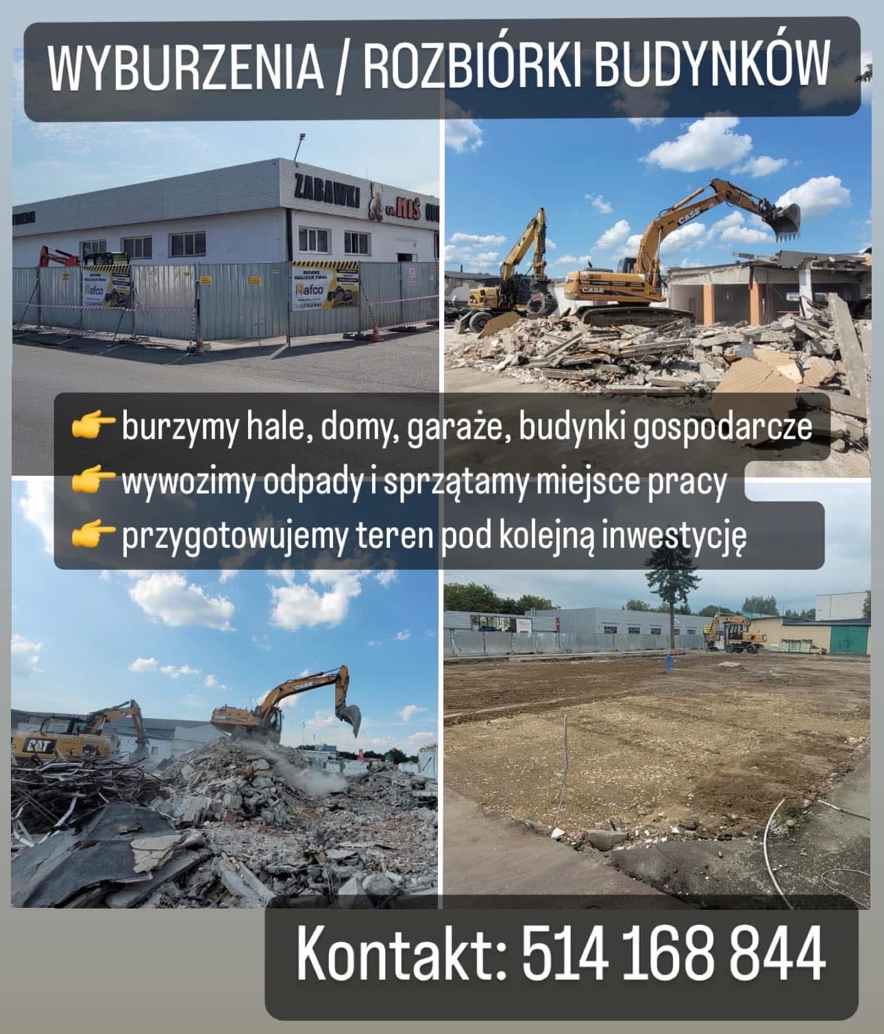 Cztery kadry: budynek przed rozbiórką zabezpieczony płotem, maszyny burzące konstrukcję, gruzowisko po wyburzeniu oraz wyrównany teren pod inwestycję.