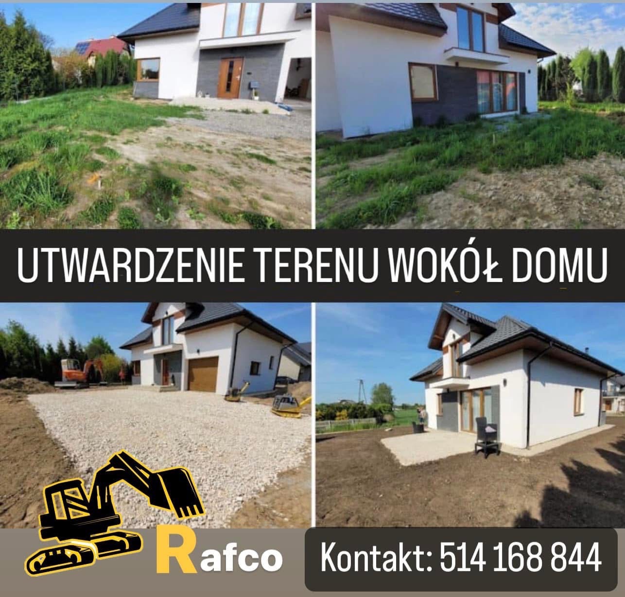 Fotografia kolażu przedstawiająca proces utwardzania terenu wokół nowoczesnego domu jednorodzinnego: stan początkowy z niezagospodarowaną działką, następnie teren wyrównany i pokryty warstwą żwiru,...