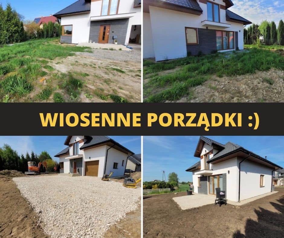 Kolaż czterech zdjęć prezentujących etapy niwelacji terenu i utwardzania podłoża wokół nowoczesnego domu jednorodzinnego: od zarośniętego trawnika, przez wykopaliska z użyciem koparek, po...