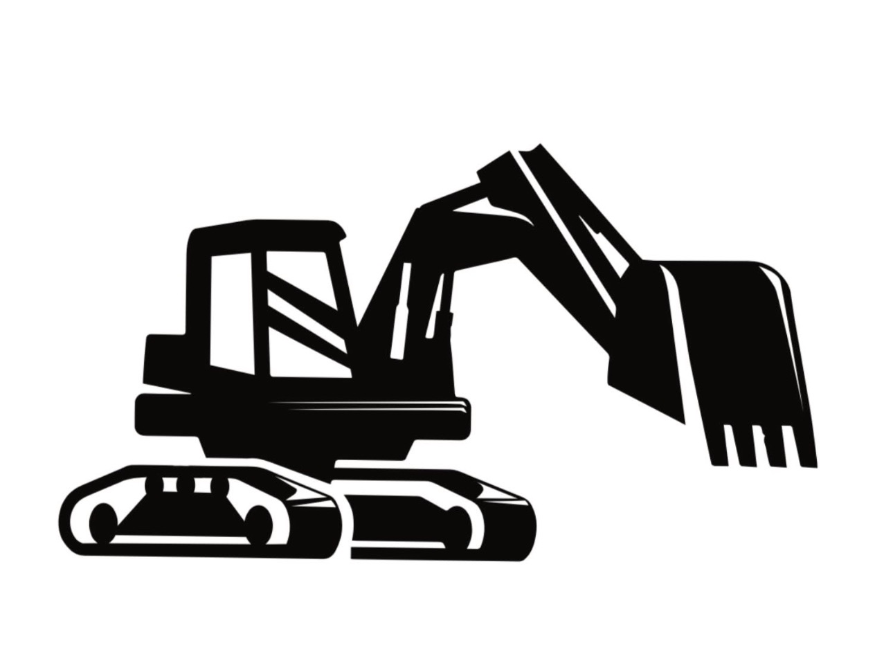 Czarno-biała ikona przedstawiająca sylwetkę koparki na gąsienicach z podniesioną łyżką, skierowaną w prawo.