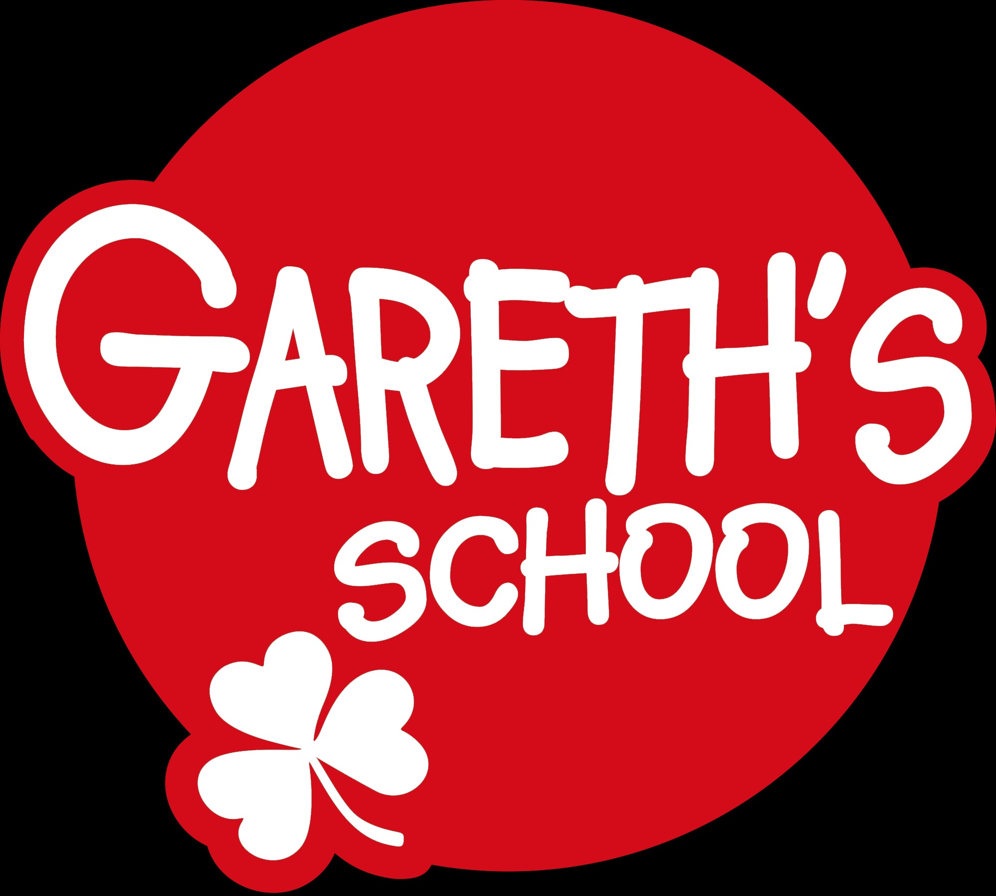Logo Gareth's School: biały napis na czerwonym okręgu z trójlistną koniczyną.