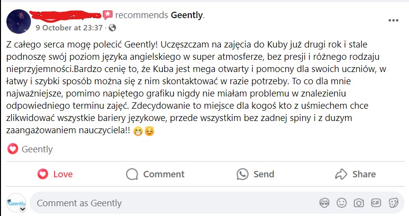 Zrzut ekranu z rekomendacją na Facebooku dla Geently, pozytywna opinia o nauce angielskiego z pochwałami dla nauczyciela Kuby, podkreślająca miłą atmosferę i łatwość kontaktu.