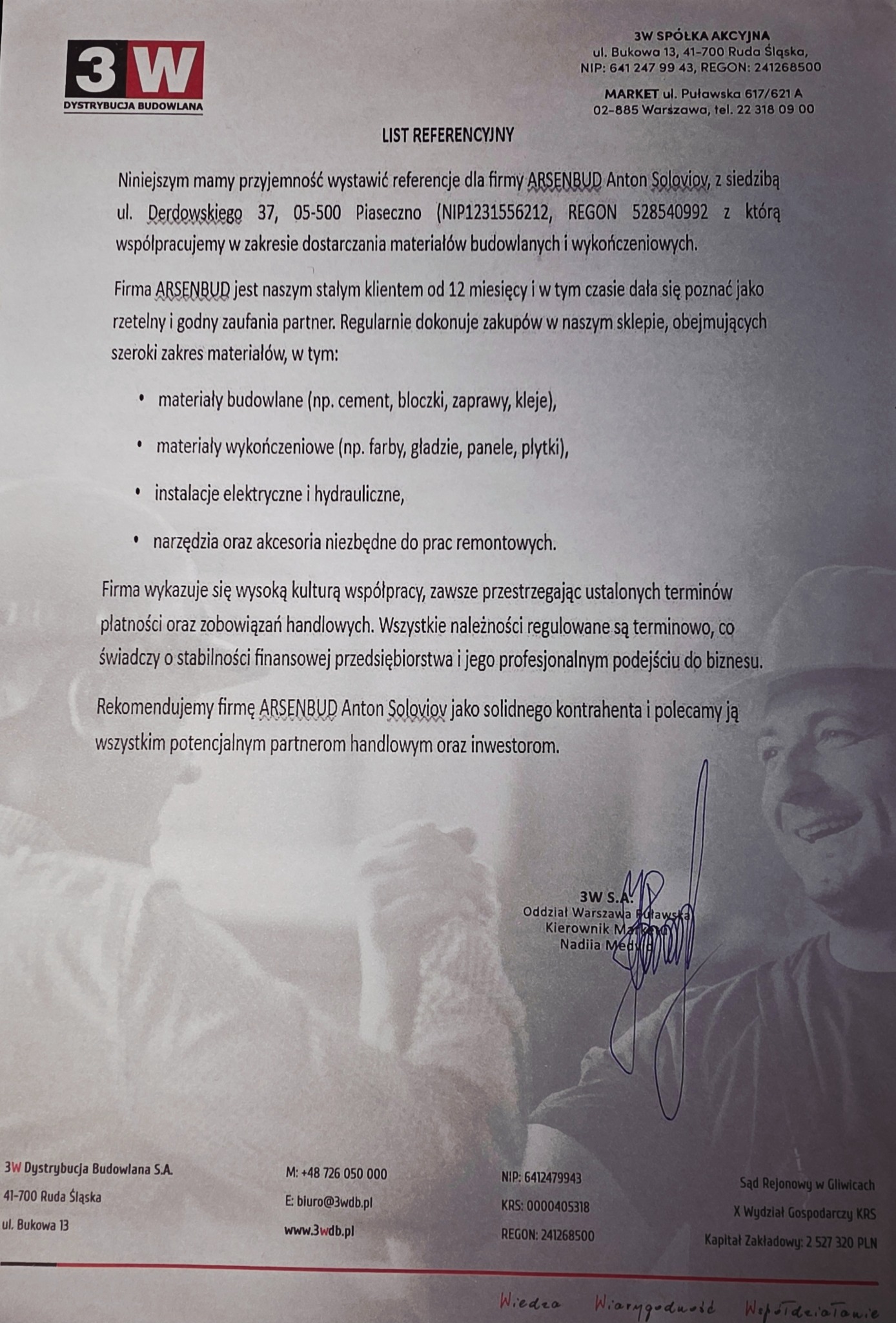 List referencyjny od firmy 3W dla ARSENBUD Anton Soloviov, potwierdzający współpracę w dostawie materiałów budowlanych i wykończeniowych. Zawiera pieczęć i podpis.