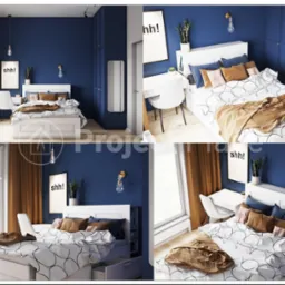 Wizualizacja sypialni z granatowymi ścianami, białym łóżkiem z wysuwanymi szufladami, biurkiem i plakatem z napisem 'shh!' oraz lampą w stylu retro.