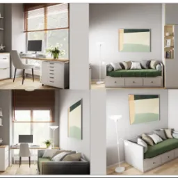 Wizualizacja pokoju z biurkiem, komputerem i sofą, utrzymana w jasnej kolorystyce z drewnianymi akcentami, ukazująca potencjalne zagospodarowanie przestrzeni.