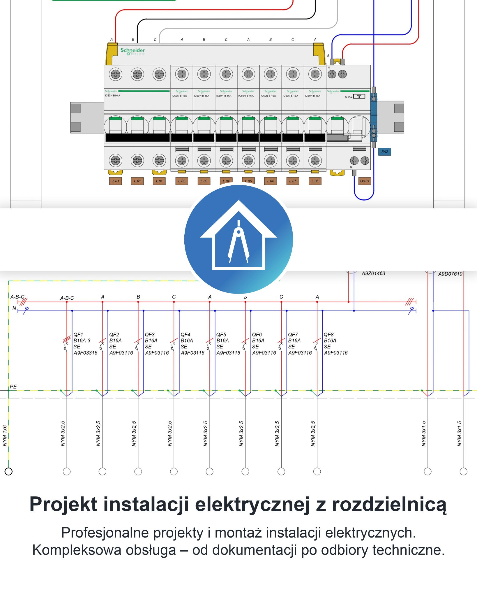 Schemat elektryczny rozdzielnicy z wyłącznikami nadprądowymi Schneider Electric, oznaczonymi L.01 do L.08, z opisem technicznym przewodów i zabezpieczeń.