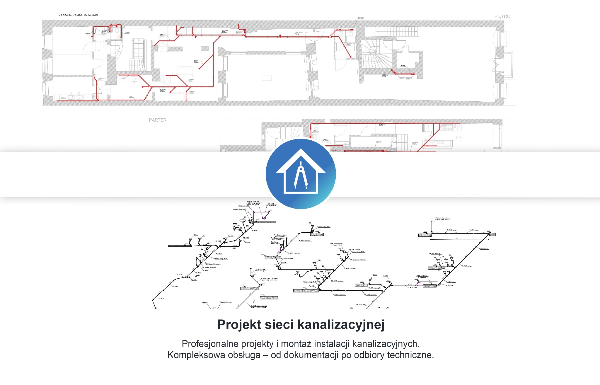 Plan architektoniczny budynku z zaznaczoną siecią kanalizacyjną na parterze i piętrze, uzupełniony schematem instalacji.