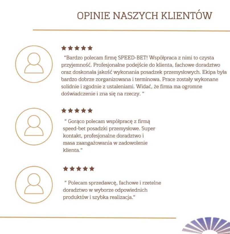 Zestaw trzech opinii klientów o firmie SPEED-BET, chwalących profesjonalizm, jakość wykonania posadzek przemysłowych i doradztwo.