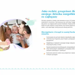 Grafika z motywem rodzinnym: rodzice całują uśmiechnięte niemowlę, stylizowana ilustracja tortu z leżącym dzieckiem, dekoracyjne gałązki i tekst o wspieraniu rozwoju dziecka.