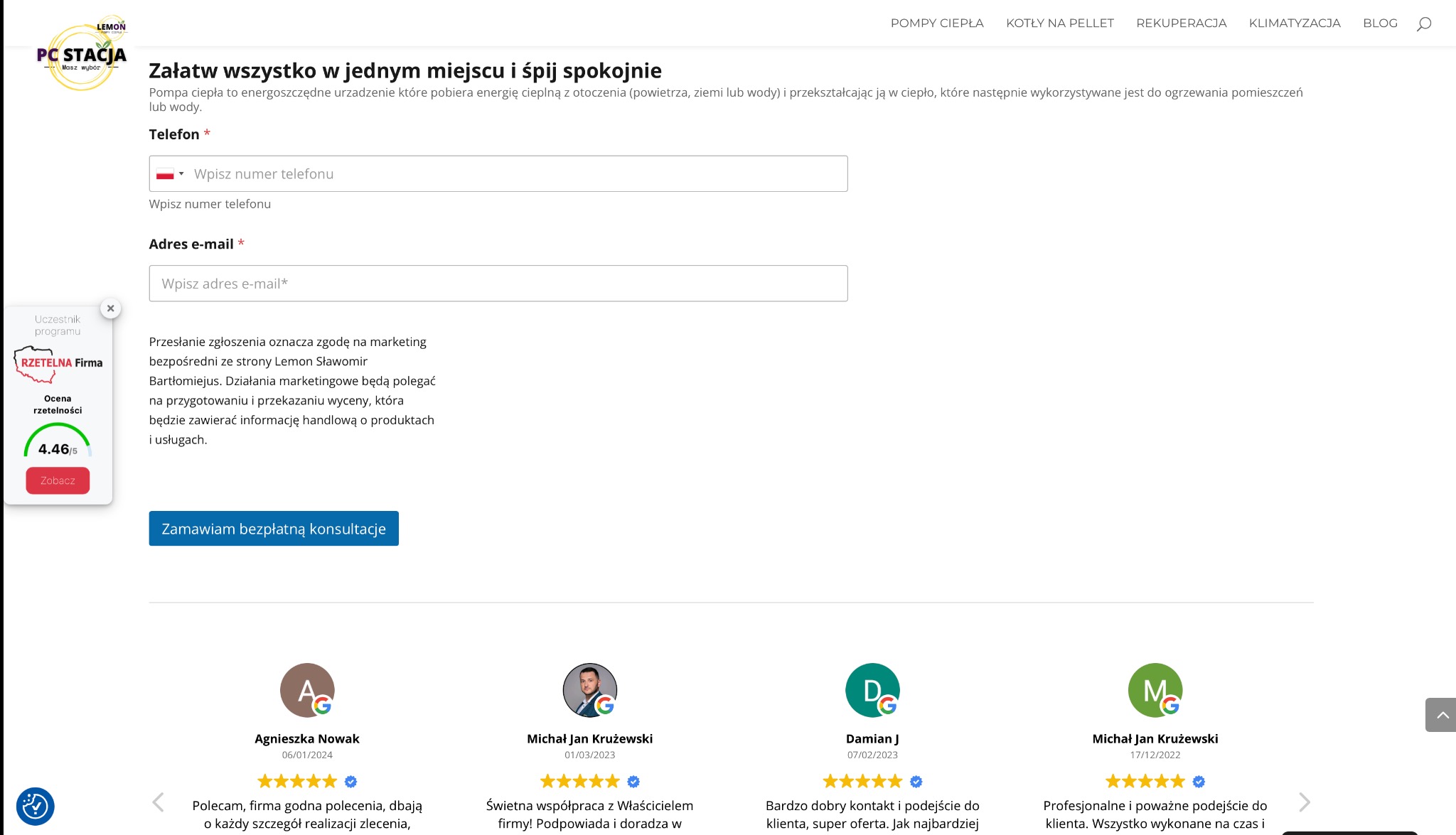 Formularz kontaktowy firmy z Golub-Dobrzynia oferującej pompy ciepła, kotły na pellet, rekuperację i klimatyzację, z widocznymi polami na numer telefonu i adres e-mail oraz przyciskiem 'Zamawiam...