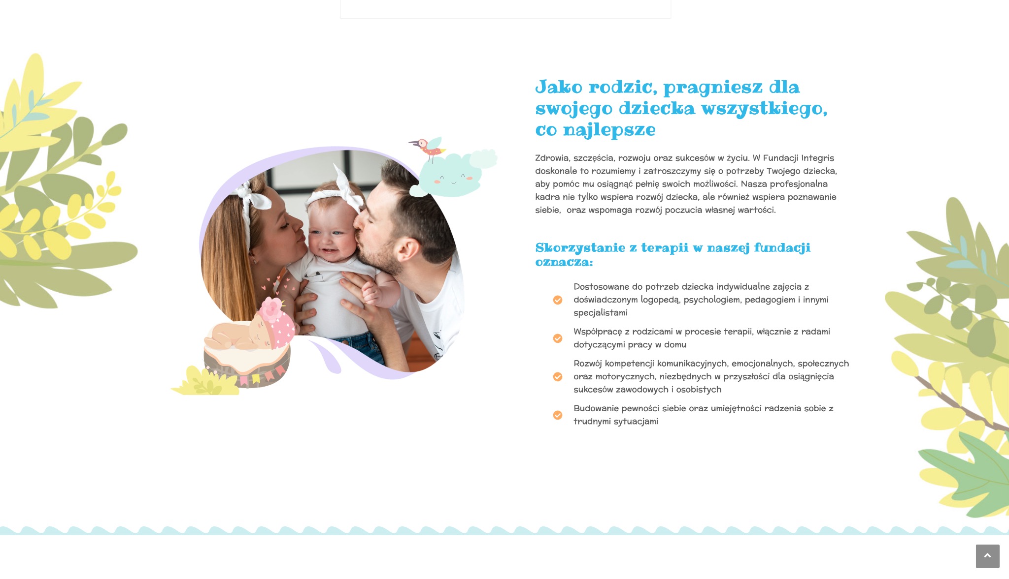 Grafika z motywem rodzinnym: rodzice całują uśmiechnięte niemowlę, stylizowana ilustracja tortu z leżącym dzieckiem, dekoracyjne gałązki i tekst o wspieraniu rozwoju dziecka.