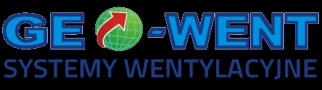 Logo firmy GEO-WENT z zieloną kulą ziemską i czerwoną strzałką, niebieski napis 'SYSTEMY WENTYLACYJNE' na czarnym tle.