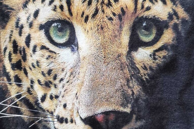 Fragment koszulki z nadrukiem zbliżenia pyska geparda z intensywnie zielonymi oczami.