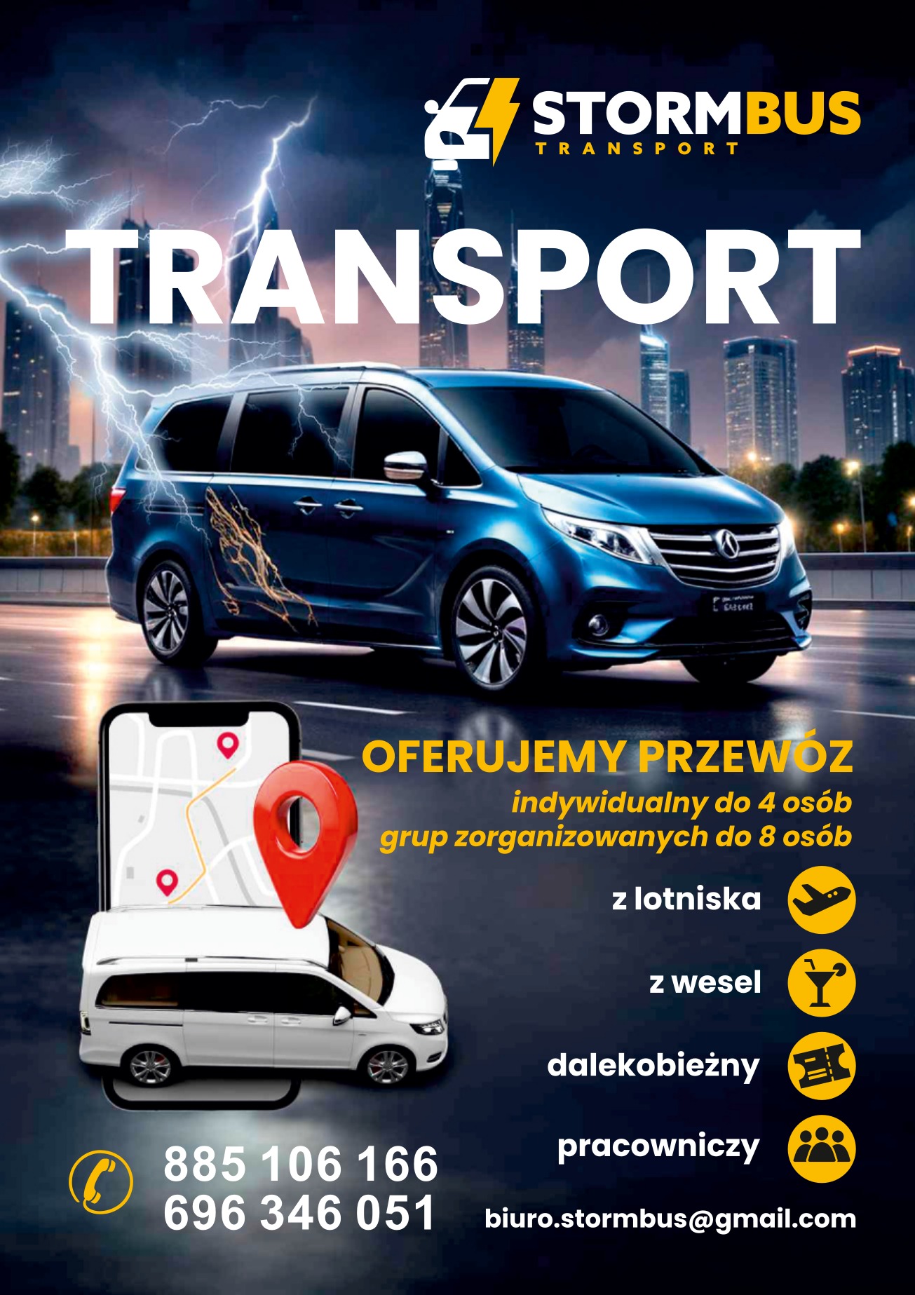 Grafika reklamowa firmy Stormbus Transport: błękitny van na tle miasta z efektami burzy, oferta przewozu osób do 8 osób z lotniska, wesel, dla pracowników, numery telefonów i adres e-mail.