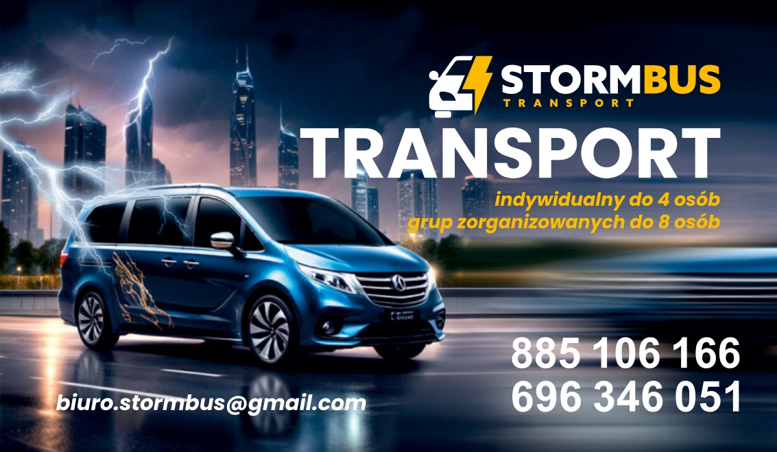 Niebieski van transportowy Stormbus na tle panoramy miasta rozświetlonej błyskawicami, z informacją o transporcie indywidualnym do 4 osób i grupowym do 8 osób oraz danymi kontaktowymi.