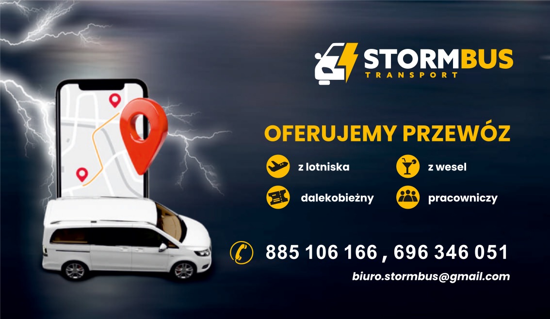 Grafika reklamowa firmy Stormbus Transport oferującej przewóz osób, z białym vanem na tle smartfona z mapą i pinezką, oraz informacjami kontaktowymi i hasłami reklamowymi.