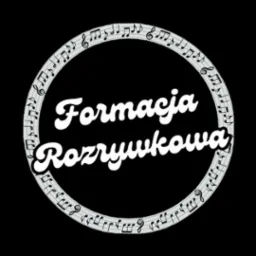 Grafika: okrąg z nutami otacza napis 'Formacja Rozrywkowa' w stylu retro na czarnym tle. Logo zespołu muzycznego.