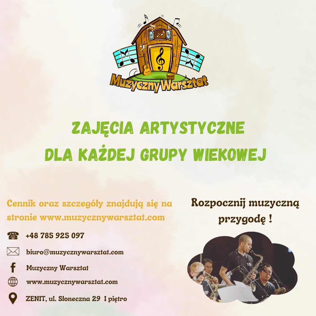 Plakat zapraszający na zajęcia artystyczne w Muzycznym Warsztacie. Grafika z logo, informacjami kontaktowymi i zdjęciem zespołu muzycznego.