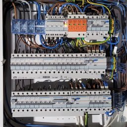 NEWBUD PRO - Rozdzielnia elektryczna z widocznymi zabezpieczeniami, przewodami i aparaturą modułową. Detal instalacji z pomarańczowym ogranicznikiem przepięć i niebieskim modułem.
