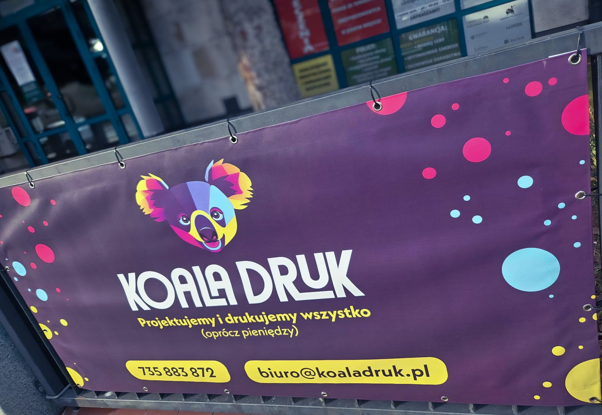 Fioletowy baner reklamowy z kolorową grafiką koali i hasłem 'KOALA DRUK Projektujemy i drukujemy wszystko (oprócz pieniędzy)' zawieszony na metalowym ogrodzeniu.
