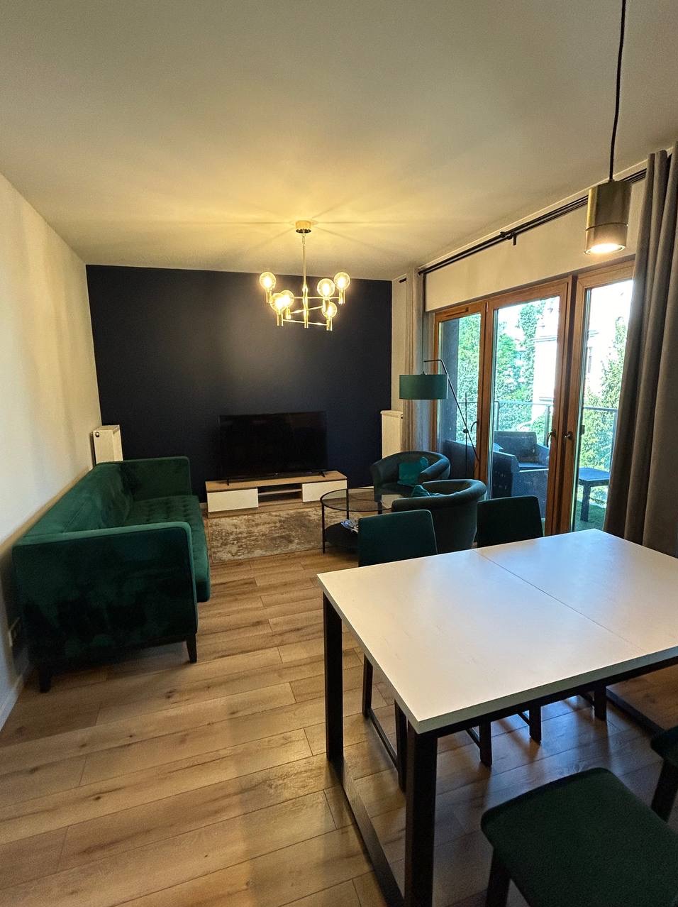 Jasne, przestronne wnętrze salonu z ciemną ścianą, zieloną sofą i nowoczesnym oświetleniem, widok na balkon przez przesuwne drzwi.