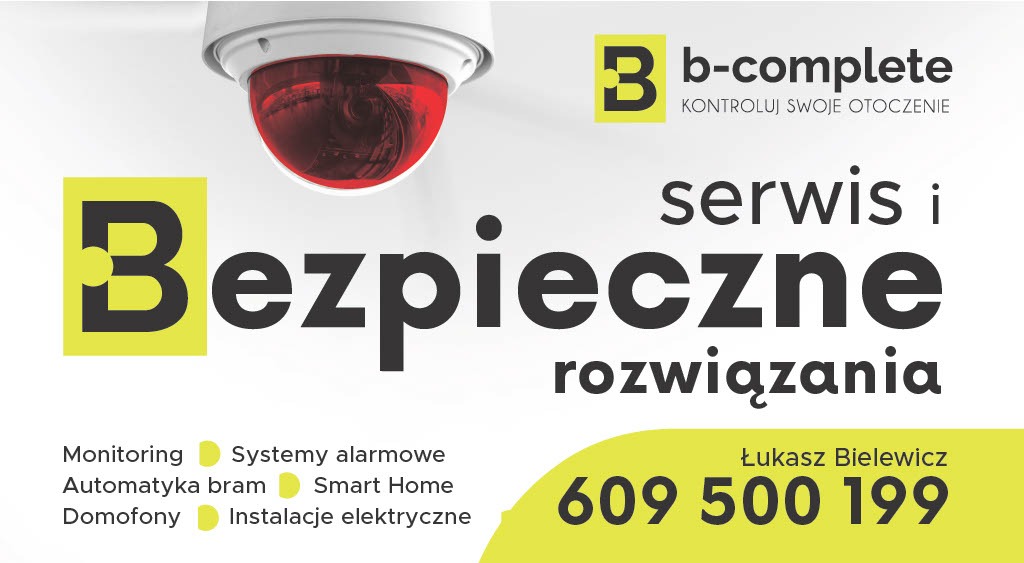 Grafika reklamowa firmy b-complete prezentująca kamerę monitoringu kopułkową z czerwonym kloszem, logo firmy, hasło 'serwis i bezpieczne rozwiązania', listę usług (monitoring, systemy alarmowe...
