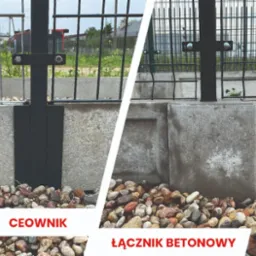 Detail of a dark metal fence post secured to a concrete base with visible gravel at the base, presented in a split-screen comparison showcasing different concrete connector types labeled 'CEOWNIK'...